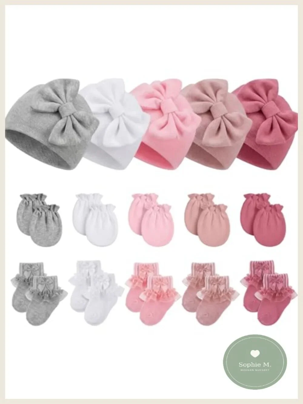 Newborn Hats Mittens Socks Set - 0-3 Months Cotton Bow Knot Caps Non-Scratch